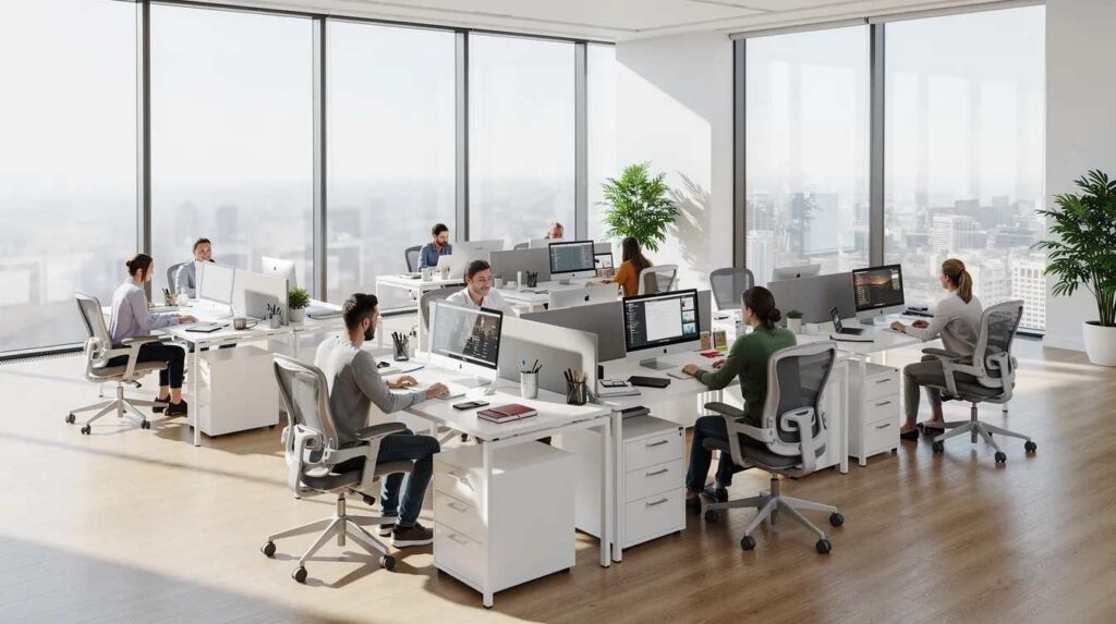 The image depicts a bright office interior where employees are focused on their work at desks positioned near large windows. The windows feature a slight tint from one way privacy window film, allowing natural light to fill the space while providing daytime privacy from outside viewers.