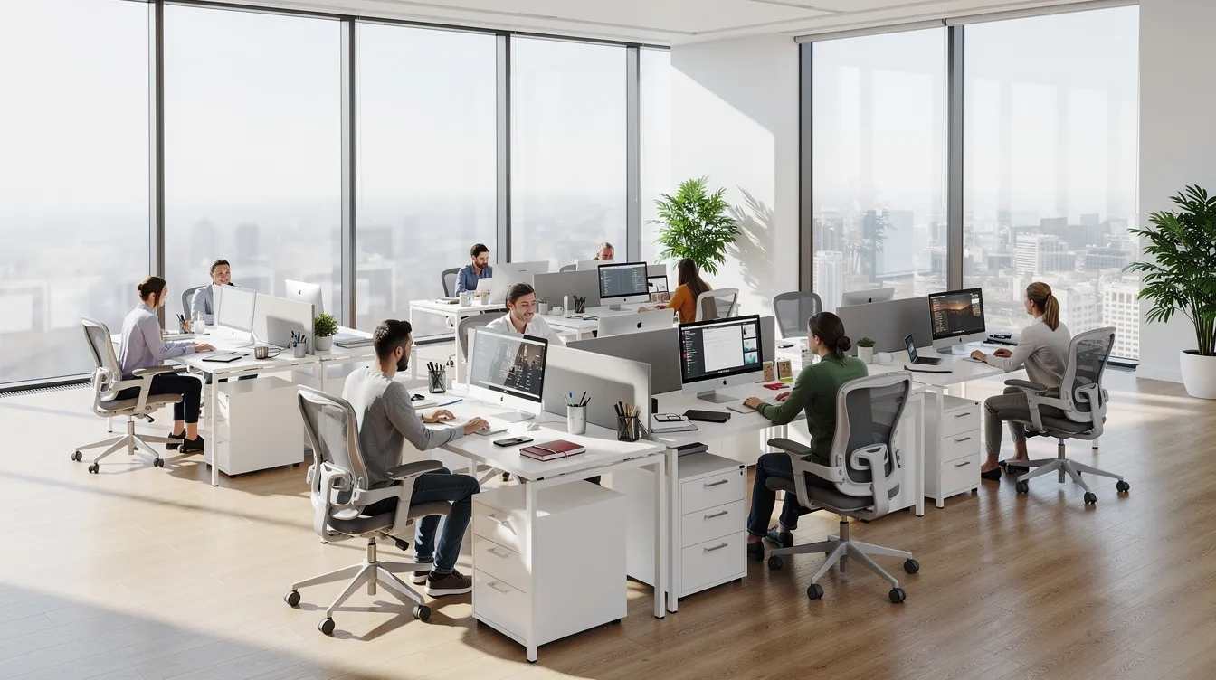 The image depicts a bright office interior where employees are focused on their work at desks positioned near large windows. The windows feature a slight tint from one way privacy window film, allowing natural light to fill the space while providing daytime privacy from outside viewers.