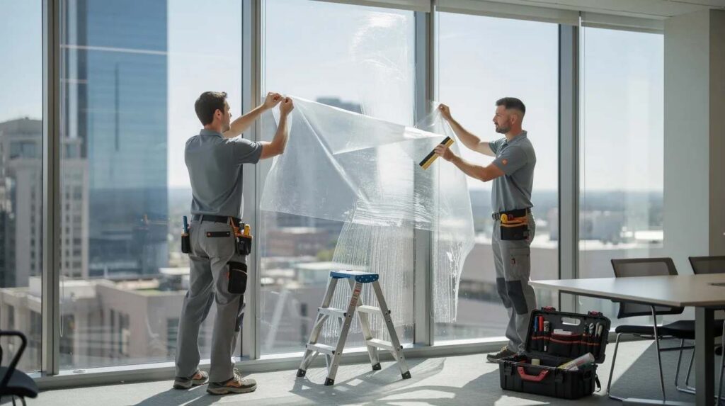 Two professional installers are diligently applying a large sheet of solar control window film to a floor-to-ceiling office window, enhancing energy efficiency by blocking heat and reducing glare while allowing natural light to brighten the space. This professional installation ensures improved indoor temperatures and lower energy bills for the office environment.