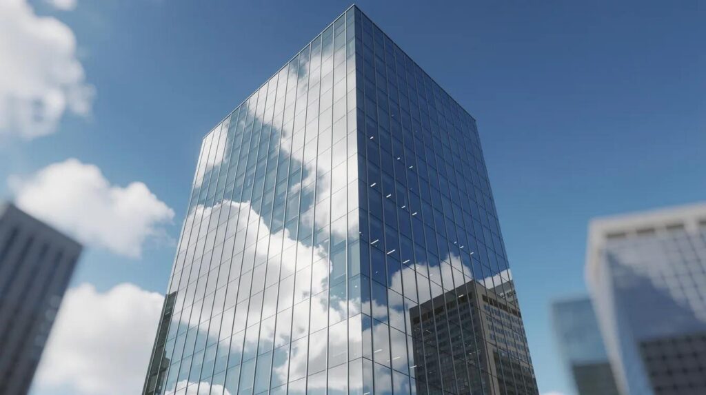 A commercial office tower features large reflective windows made of mirror film, showcasing a stunning reflection of clouds and a blue sky during the daytime. The reflective window film not only enhances the building's aesthetic but also provides daytime privacy while blocking harmful UV rays and reducing solar heat gain.
