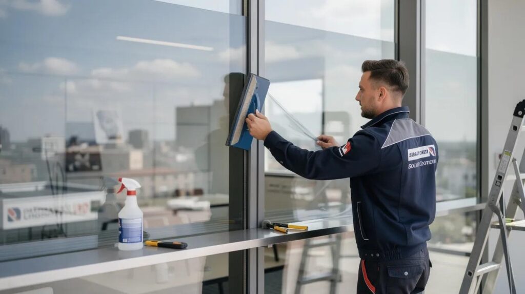 A professional window film installer is applying reflective window film to a large commercial window using a squeegee, ensuring a smooth finish to create daytime privacy while blocking harmful UV rays and reducing solar heat gain. The installer carefully works with the adhesive side of the mirror window film, enhancing indoor comfort and maintaining natural light levels.