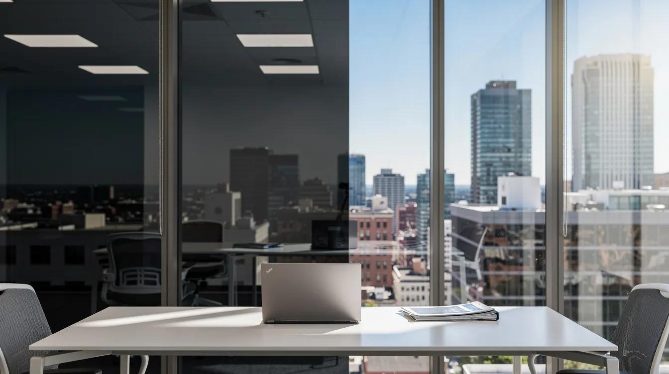The image shows an office interior with a large tinted reflective window, allowing a view of the cityscape beyond while providing daytime privacy through the use of one way mirror film. The reflective window film creates a striking contrast between the indoor space and the bustling city, while also reducing solar heat gain and glare from the sunlight.