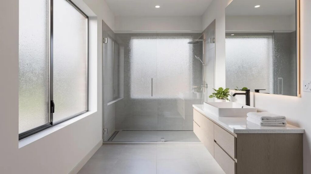 The image depicts a modern bathroom illuminated by natural light that filters through frosted glass windows, enhancing the space's airy feel. The glass shower enclosure creates a sleek look while maintaining privacy, showcasing a stylish decor that blends functionality with aesthetics.