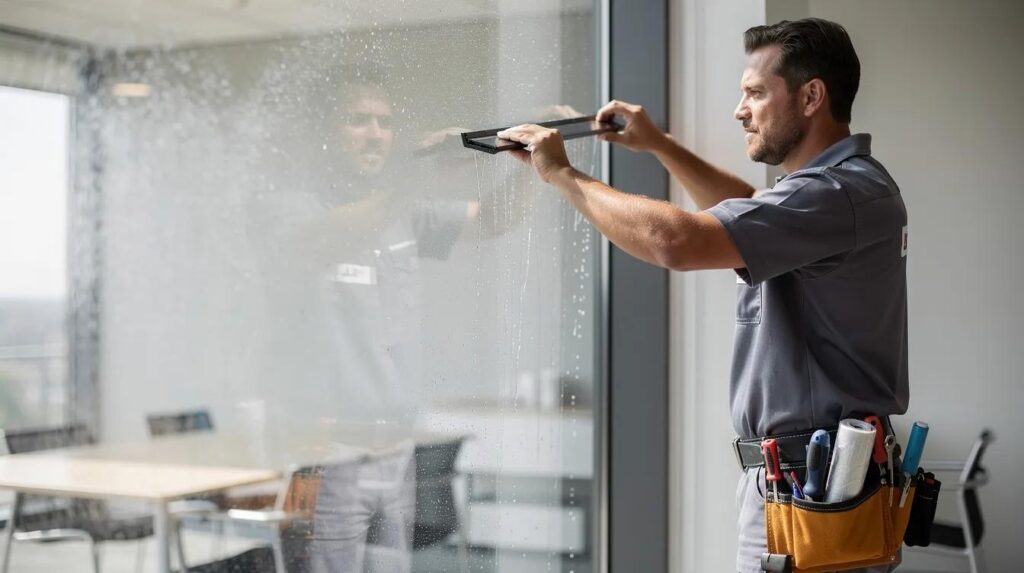 A technician is skillfully using a squeegee to apply window privacy film to a large office window, with water solution visibly glistening on the glass. This process enhances privacy while allowing natural light to filter through without sacrificing the view.