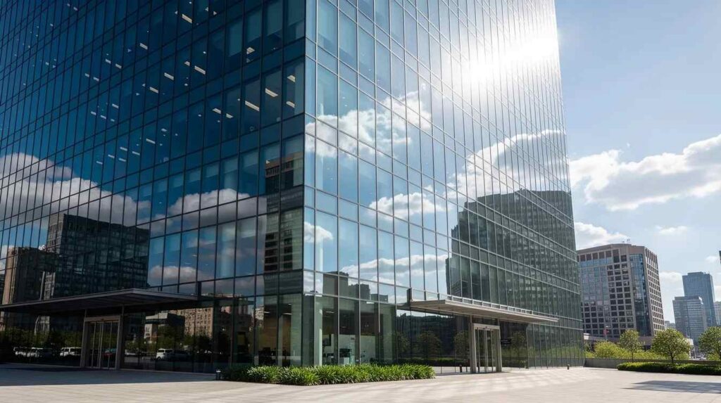 The image shows a modern glass office building with a mirror-like surface reflecting bright sunlight on a sunny afternoon. The reflective quality of the glass creates a stunning mirror effect, enhancing the building's contemporary appearance while providing daytime privacy from outside viewers.