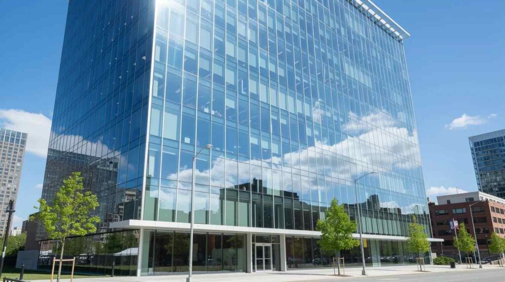 The image shows a modern glass office building with a mirror-like finish, reflecting sunlight and creating a striking visual effect during a bright afternoon. The reflective surface suggests the use of privacy window film, providing daytime privacy while enhancing the building's contemporary appearance.