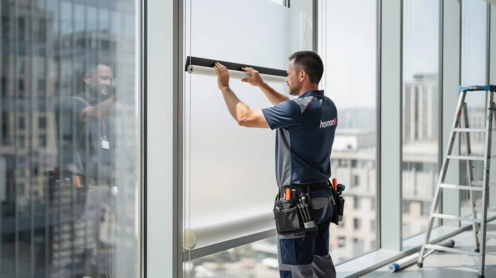 A professional installer is applying one way window film to a large commercial glass panel using a squeegee tool, ensuring a smooth finish for optimal glare reduction and privacy. The reflective surface of the privacy window film helps maintain daytime privacy while allowing light to enter the space.