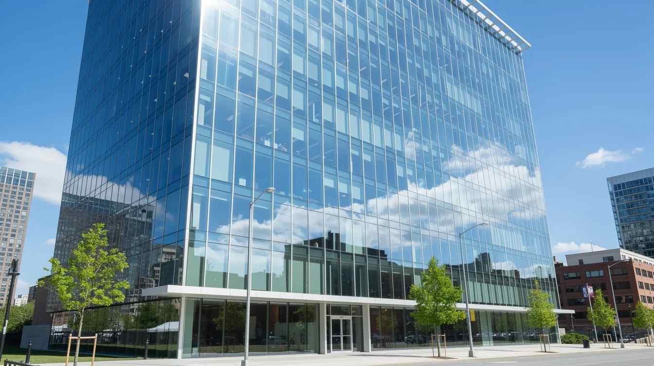 The image shows a modern glass office building with a mirror-like finish, reflecting sunlight and creating a striking visual effect during a bright afternoon. The reflective surface suggests the use of privacy window film, providing daytime privacy while enhancing the building's contemporary appearance.