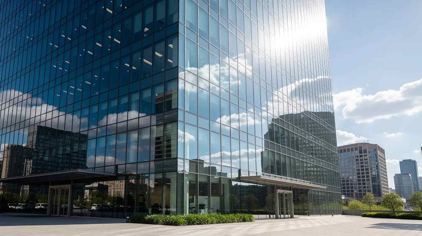 The image shows a modern glass office building with a mirror-like surface reflecting bright sunlight on a sunny afternoon. The reflective quality of the glass creates a stunning mirror effect, enhancing the building's contemporary appearance while providing daytime privacy from outside viewers.