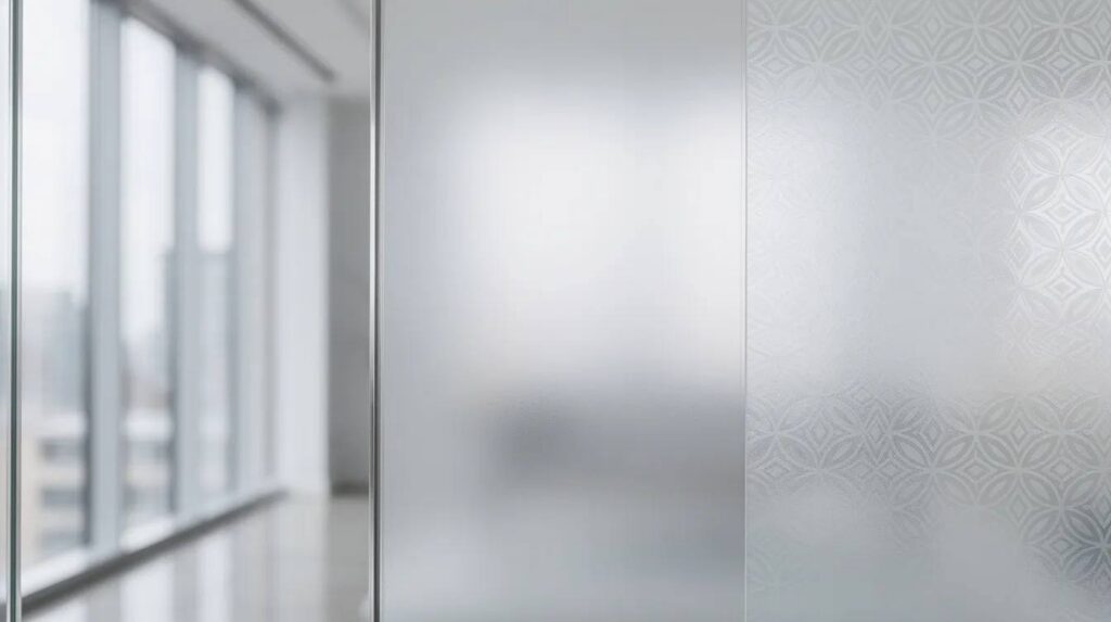 The image features a close-up view of three distinct window film textures displayed on glass panels, showcasing reflective, frosted, and decorative patterns. This arrangement highlights various options for window privacy film, emphasizing their aesthetic and functional qualities, such as glare reduction and providing privacy during daylight hours.