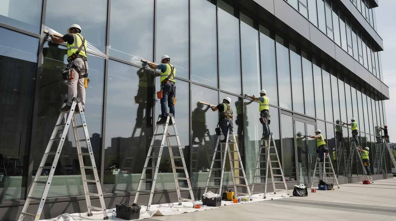A crew of workers is on ladders, meticulously applying window film to the glass facade of a modern commercial building, showcasing their expertise in the window film industry. The installation aims to enhance energy savings and glare reduction while maintaining visibility for the business's customers.