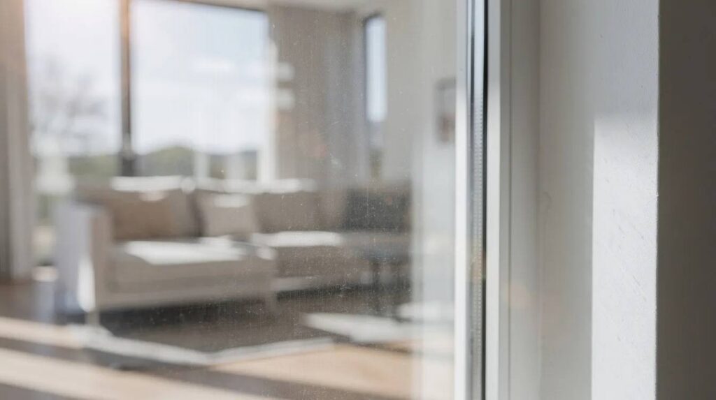 A close-up view captures sunlight streaming through a large residential window that features a nearly invisible window film, enhancing natural light while reducing glare and blocking harmful UV rays. The film provides clear visibility and contributes to energy efficiency, protecting the interiors from fading and heat.
