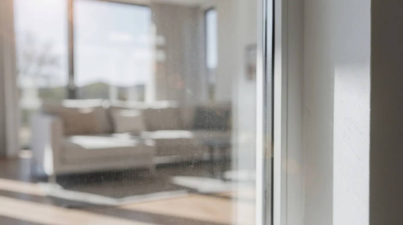 A close-up view captures sunlight streaming through a large residential window that features a nearly invisible window film, enhancing natural light while reducing glare and blocking harmful UV rays. The film provides clear visibility and contributes to energy efficiency, protecting the interiors from fading and heat.