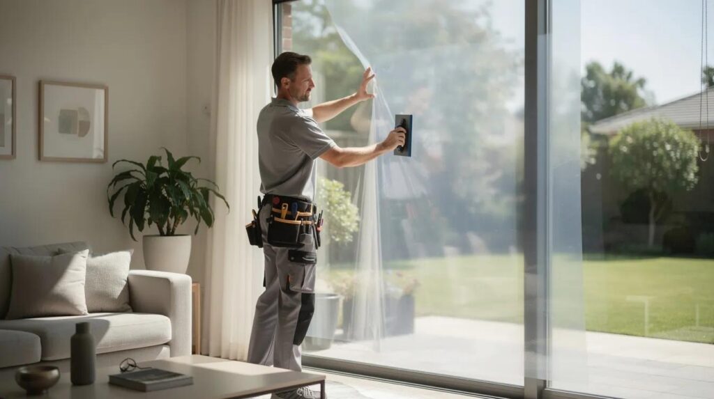 A professional installer is meticulously applying a large sheet of transparent window film to a picture window in a living room, enhancing the home's energy efficiency and indoor comfort. This residential window tinting project aims to reduce glare and protect furniture from UV rays while maintaining the view through the glass.