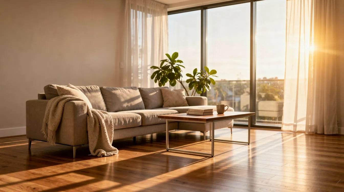 The image depicts a sunlit living room featuring large floor-to-ceiling windows that allow warm sunlight to illuminate the hardwood floors and a cozy sectional sofa. This bright space highlights the benefits of residential window tinting, providing energy efficiency and protection from UV rays while enhancing indoor comfort.