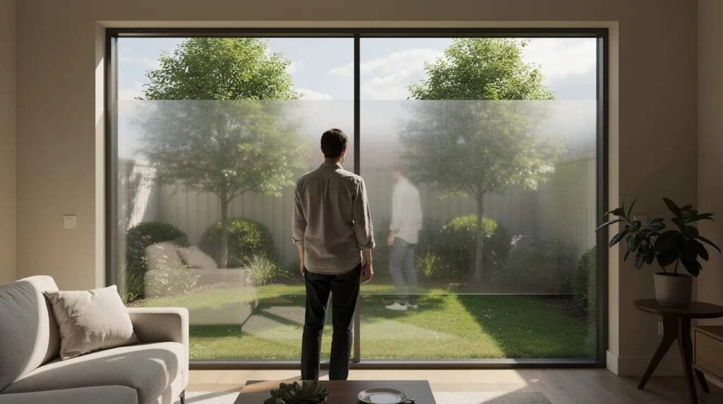 A homeowner is looking through a large window that has been treated with residential window film, allowing for clear visibility of a lush green yard outside while effectively blocking harmful UV rays and reducing glare from direct sunlight. The window film enhances energy efficiency and protects the interiors from fading, creating a comfortable living space.