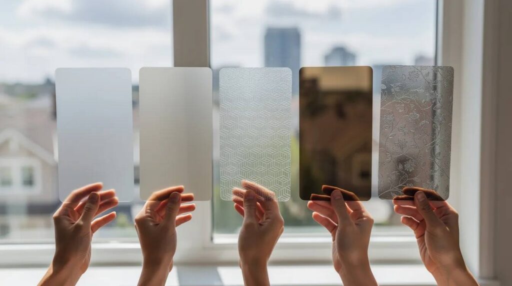 The image showcases a variety of residential window film samples displayed against a bright window, highlighting different tint levels and decorative patterns that enhance energy efficiency while protecting interiors from harmful UV rays and reducing glare. Each sample offers a unique style and solution for increasing privacy and comfort in any room.