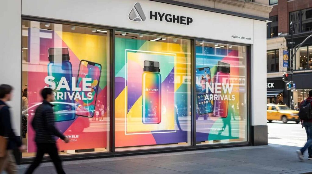 The image features a vibrant storefront window adorned with colorful promotional graphics that attract the attention of passersby on a bustling retail street. The window films not only enhance the aesthetics of the store but also provide security and protection against forced entry and spontaneous glass breakage.