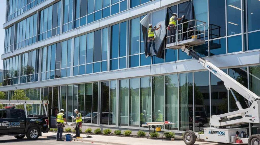 A professional window tinting crew is seen working on the exterior of a large commercial building using a lift platform, ensuring the windows are treated to enhance privacy and protect against harmful UV rays. This service, offered by experts in Sacramento, aims to improve comfort and efficiency for businesses while providing a sleek, stylish look.