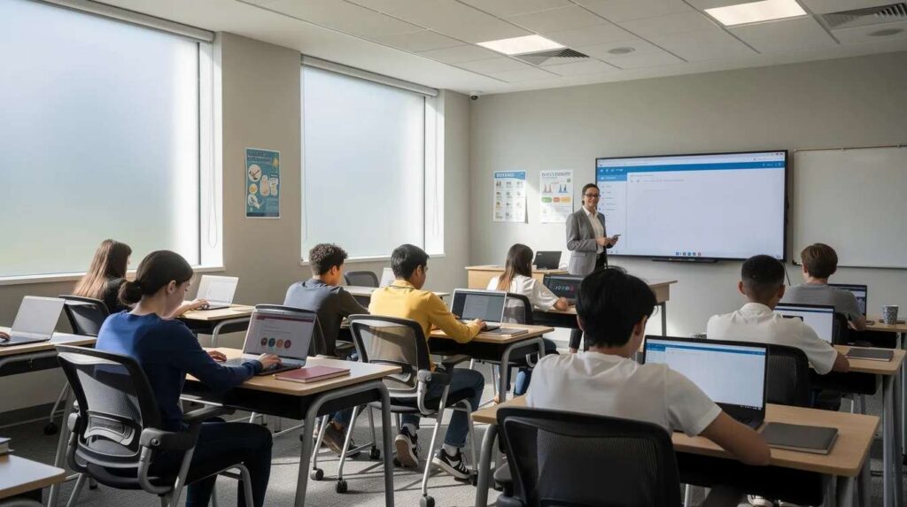 The image depicts a bright classroom filled with natural light, where sunlight is gently filtered through window film, ensuring no glare on the students' screens. The scene showcases students attentively engaged at their desks, highlighting the benefits of sun control films for school facilities.