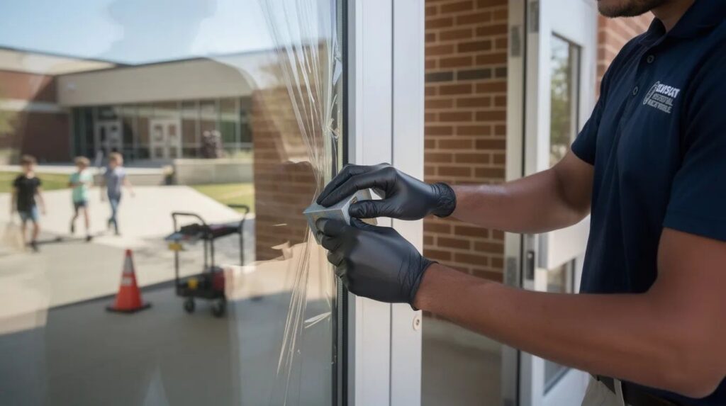 A professional is applying clear security window film to a large glass door at a school entrance, enhancing safety and security for students and staff. The installation process takes place during the daytime, ensuring natural light while providing a protective layer against potential intruders and shattered glass.
