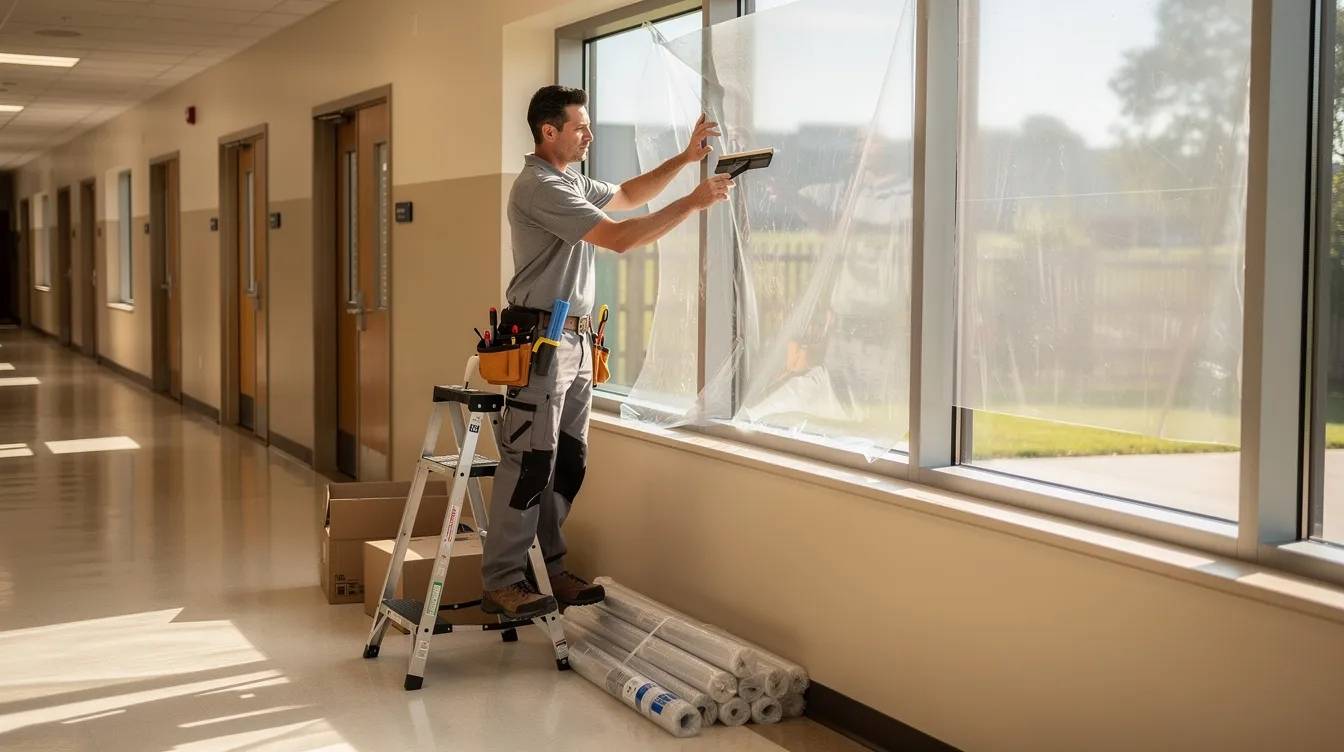 A professional installer is on a short ladder applying transparent security window film to a row of classroom windows in an empty school hallway during summer. This installation process enhances safety and security for students and staff by providing protection against forced entry and reducing the risk of shattered glass.