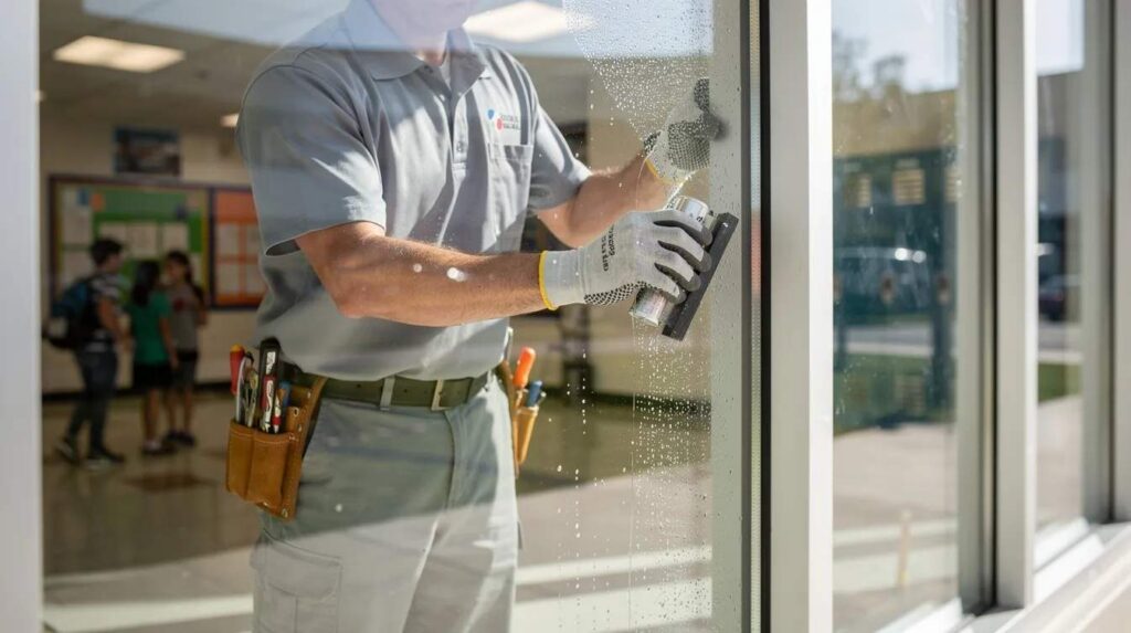 A professional installer is applying security window film to a large glass window at a school entrance, enhancing safety and security measures to delay forced entry and protect against shattered glass. The installation of this safety security film is crucial for maintaining a secure environment for students and staff in educational facilities.