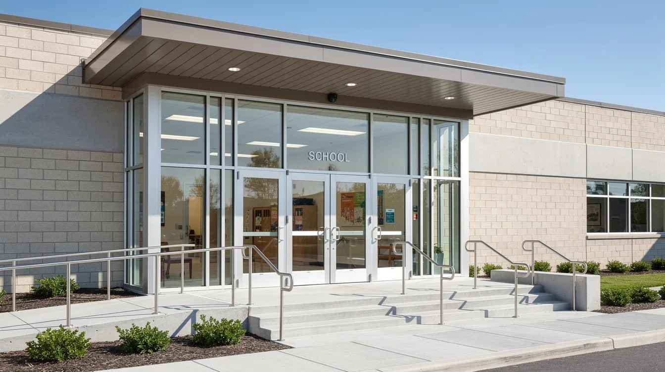 The image shows the exterior view of a school main entrance featuring large glass doors and sidelight windows, illuminated by bright daylight. This design enhances visibility and natural light while emphasizing the importance of safety measures, such as installing security window film to protect against forced entry and shattered glass.