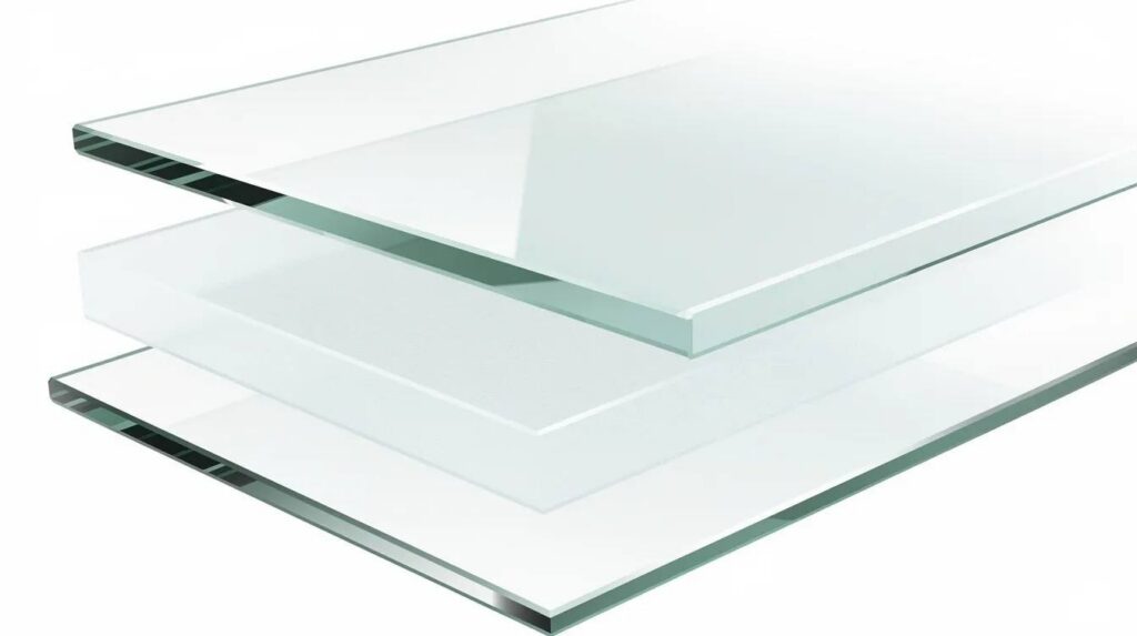 The image shows a detailed layered cross-section of laminated glass, featuring two glass panes bonded together with a visible polymer interlayer, emphasizing the security and safety features designed for windows and doors in both residential and office applications. This illustration highlights the expertise involved in creating secure installations that meet a variety of safety standards.