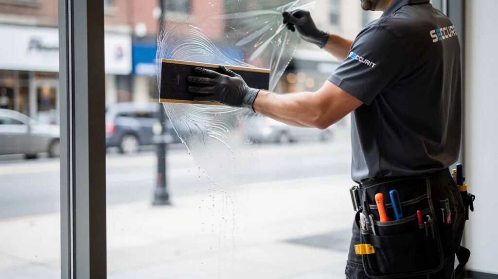 A professional installer is applying a clear polyester security film to the interior of a large commercial glass storefront panel, ensuring enhanced safety and protection for the windows. The close-up showcases the expert's meticulous work, designed to secure the glass and create a safer environment for the office space.