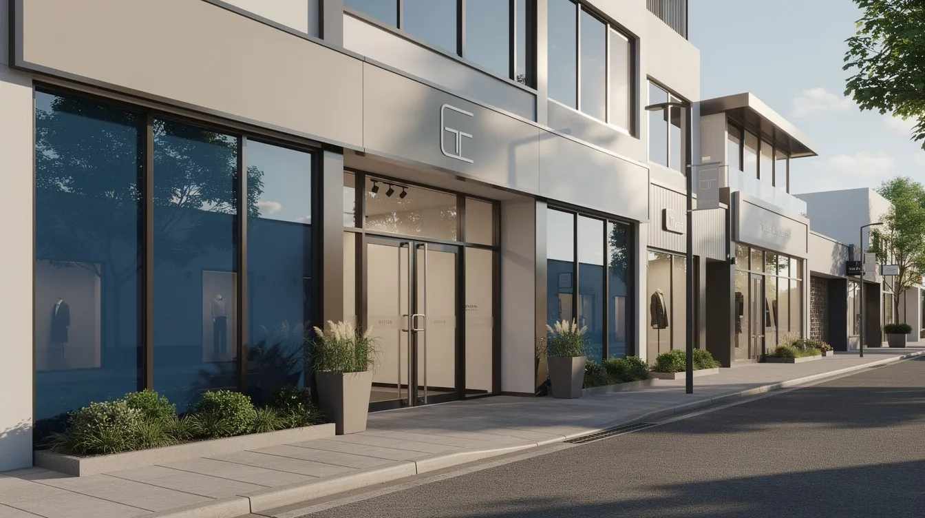 The image depicts a modern retail storefront with tinted glass, showcasing a clean and professional appearance on a sunny commercial street. This storefront utilizes window films for aesthetics and protection, allowing natural light to enter while reducing glare and enhancing the comfort of the shopping environment for customers.