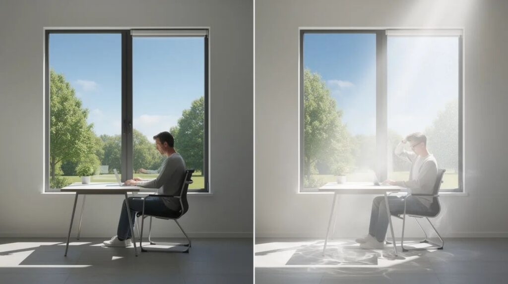 The image shows a side-by-side comparison of two identical windows: one is equipped with solar control film, creating a comfortable shaded interior, while the other lacks window tint, resulting in harsh direct sunlight and visible heat haze. This visual contrast highlights the benefits of installing window film for improved energy efficiency and UV protection.