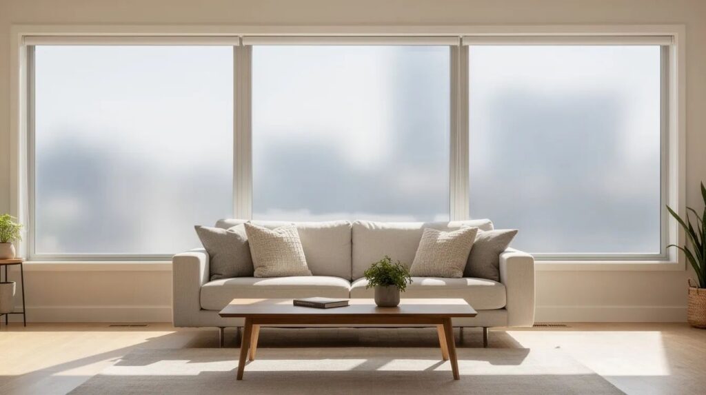 A bright living room filled with natural light filters through large windows featuring a subtle window film tint, which helps reduce glare and block the sun's heat. The comfortable interior showcases stylish furniture and creates a warm, inviting atmosphere without harsh sunlight interference.