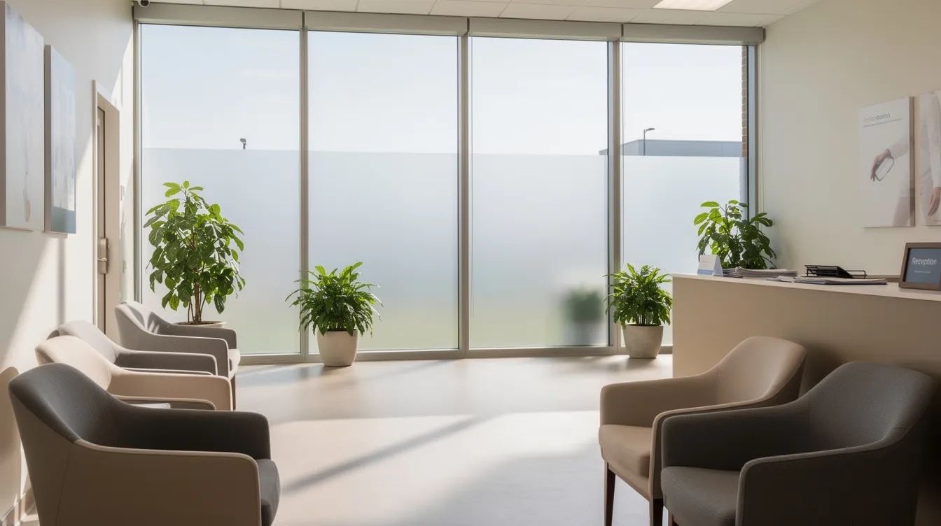 The image depicts a medical office waiting room featuring large windows with partial frosted window film on the lower glass panels, while the upper sections remain clear to allow natural light to fill the space. This design enhances patient privacy and comfort in healthcare environments while maintaining a bright and inviting atmosphere.