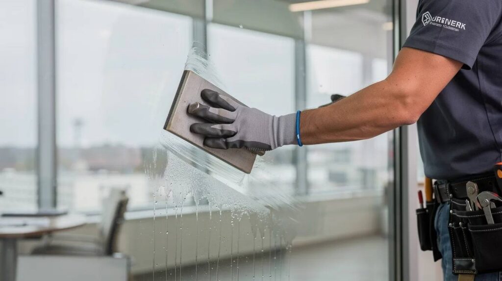 A professional installer is seen applying window film to a large commercial glass panel using a squeegee, showcasing their expertise in window tinting. This installation aims to enhance privacy and protect against harmful UV rays for business clients in Sacramento.