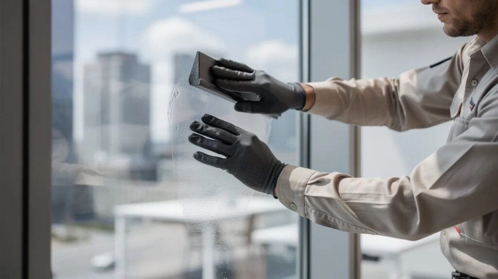 A professional is closely applying a thin, transparent window film to a large office window pane, aimed at enhancing glare reduction and energy efficiency in the workspace. This installation helps protect computer screens from sun exposure while maintaining natural light and improving the overall aesthetics of the office space.