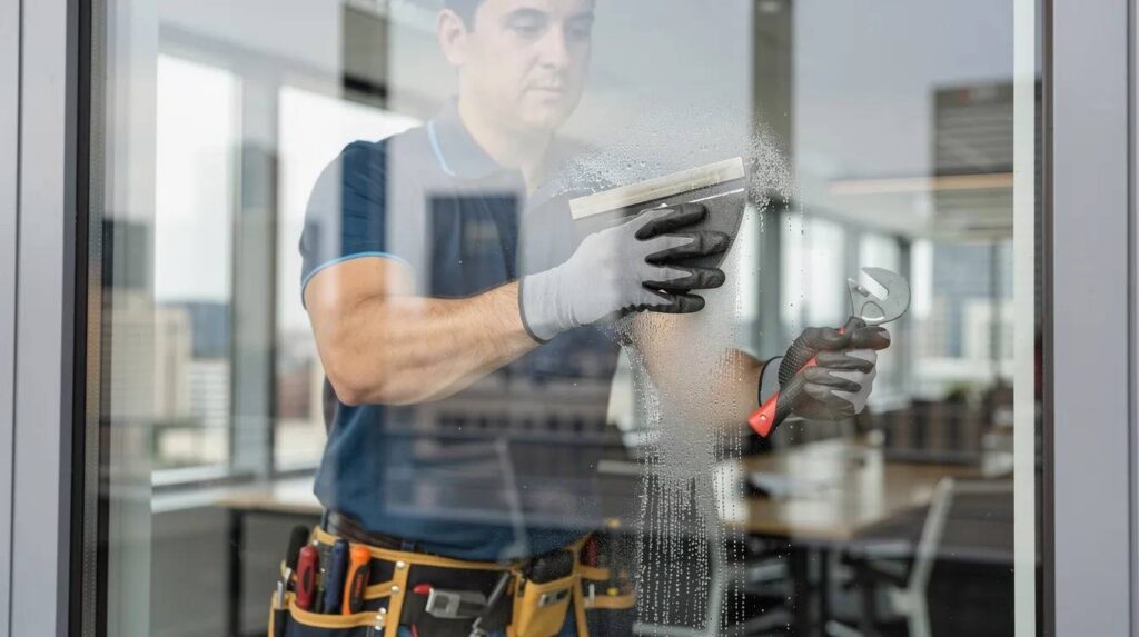 A professional is applying transparent window film to a large pane of commercial glass, showcasing the installation process of high-quality window films designed for energy efficiency and glare reduction. This close-up emphasizes the meticulous work involved in commercial window film installation, enhancing both aesthetics and functionality for commercial buildings.