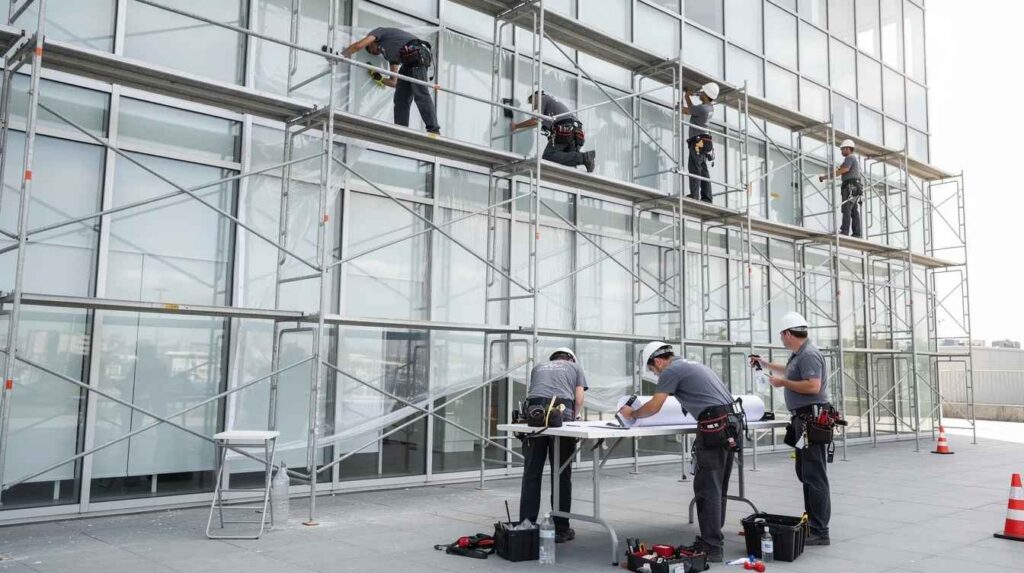 A professional installation crew is seen working on a large commercial building, utilizing scaffolding and various window film tools to apply high-quality commercial window films. This installation aims to enhance energy efficiency and improve security while providing aesthetic benefits to the glass surfaces of the building.