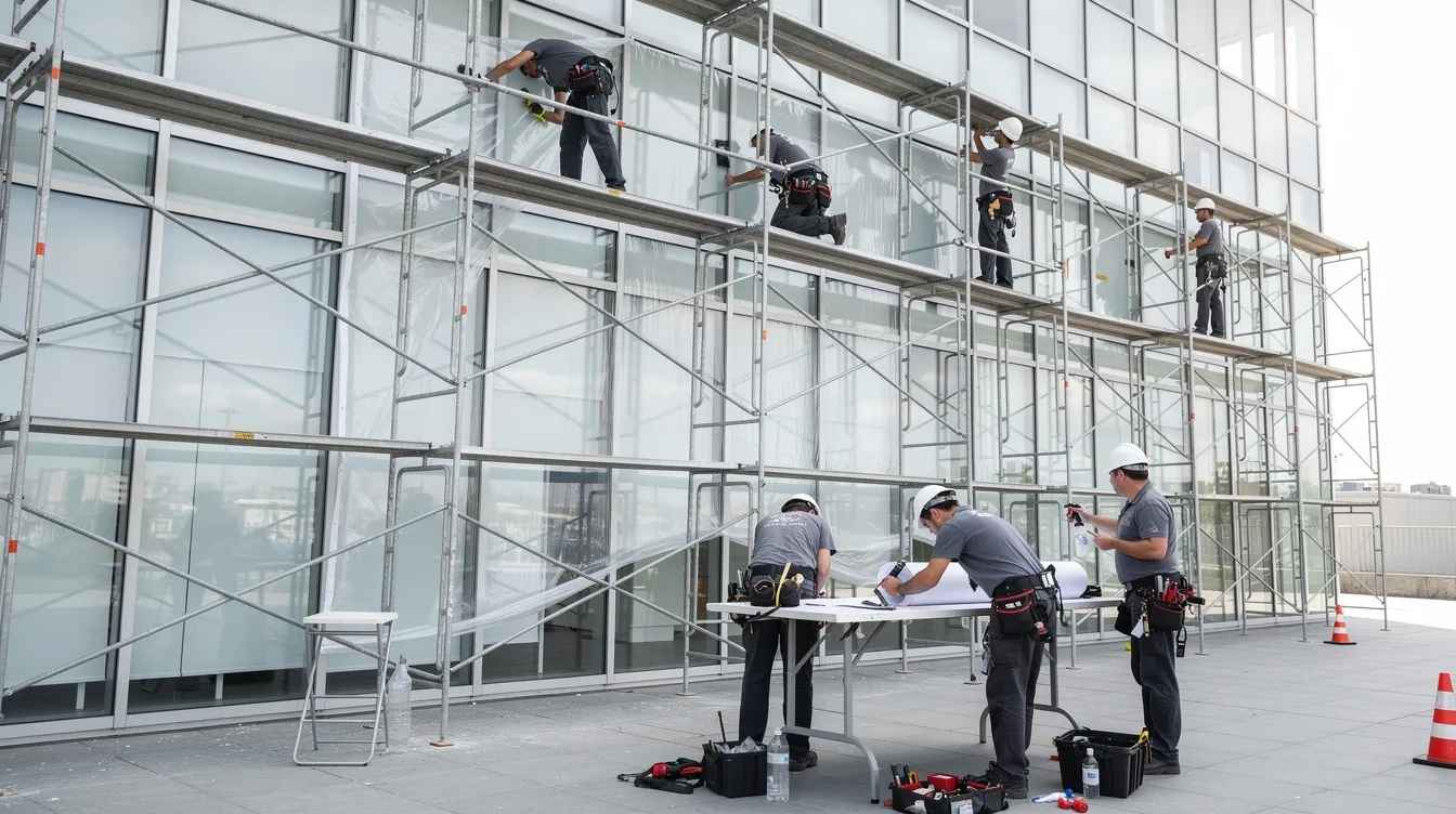 A professional installation crew is seen working on a large commercial building, utilizing scaffolding and various window film tools to apply high-quality commercial window films. This installation aims to enhance energy efficiency and improve security while providing aesthetic benefits to the glass surfaces of the building.