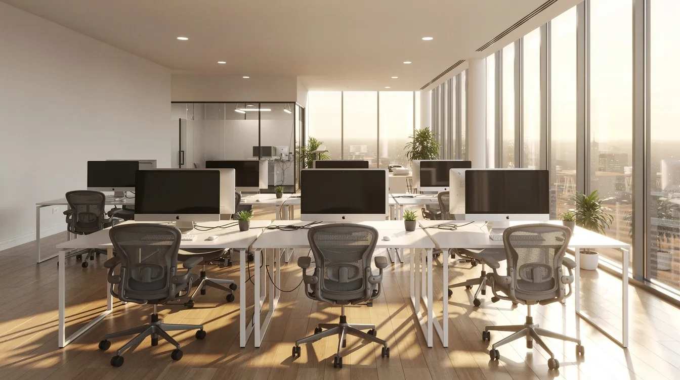 A bright open-plan office features large floor-to-ceiling windows, allowing natural light to stream across rows of desks equipped with computer monitors. The afternoon sun creates a warm atmosphere, while potential glare reduction from window film enhances the workspace's comfort and energy efficiency.
