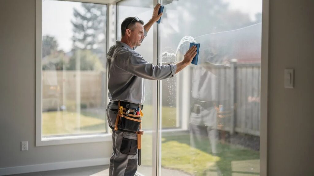 A professional window film installer is seen applying a large sheet of clear solar control film to a residential window, using a squeegee tool to ensure a smooth finish. This installation helps reduce glare and protects against UV rays, enhancing the home's energy efficiency while allowing natural light to filter through.