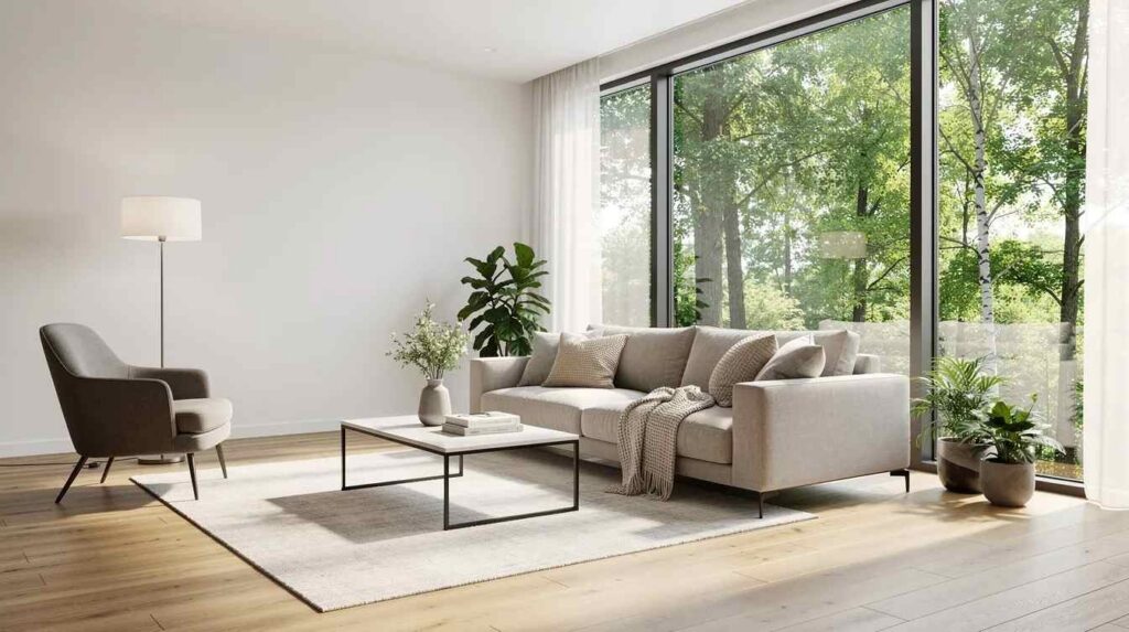 A bright modern living room features large floor-to-ceiling windows that invite ample natural light and offer a view of lush trees outside. The comfortable furniture creates a cozy atmosphere, while window films could enhance energy efficiency and provide UV protection from harmful rays.