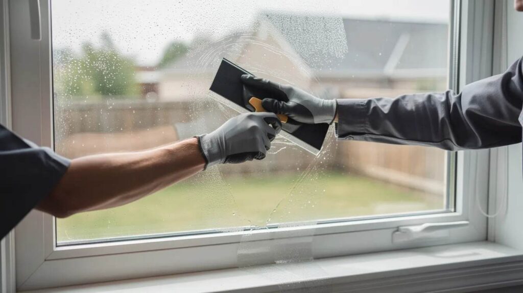 A professional installer is applying transparent window film to a large double-pane residential window using a squeegee, focusing on achieving a perfect fit for improved energy efficiency and UV protection. This close-up highlights the meticulous installation process, which enhances living spaces by allowing natural light while blocking harmful UV rays.