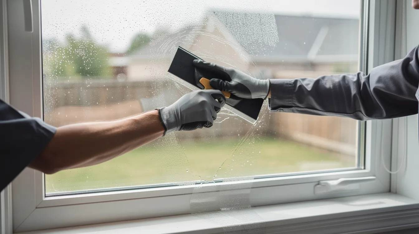 A professional installer is applying transparent window film to a large double-pane residential window using a squeegee, focusing on achieving a perfect fit for improved energy efficiency and UV protection. This close-up highlights the meticulous installation process, which enhances living spaces by allowing natural light while blocking harmful UV rays.