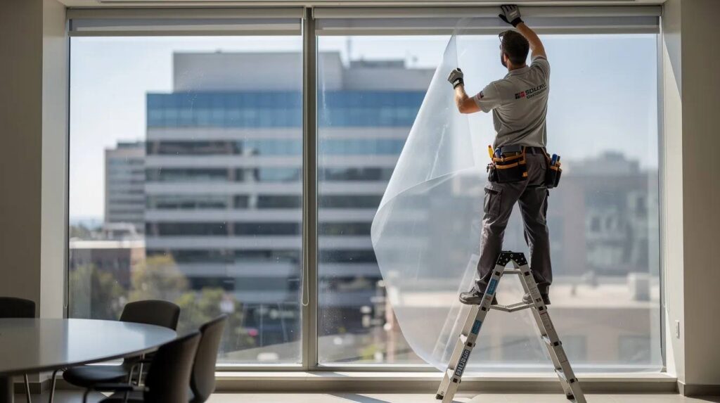 A professional installer is applying solar control window film to a large commercial office window on a sunny day, using specialized tools to ensure a smooth application. The film helps reduce glare and heat while providing energy savings without compromising visibility for the office interior.