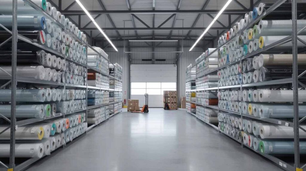 The image depicts the interior of a window film distribution warehouse, showcasing rows of stacked rolls of various window films on industrial metal shelving. This organized space highlights a complete line of automotive window tint film and architectural window films, catering to the needs of dealers and customers in the window film industry.