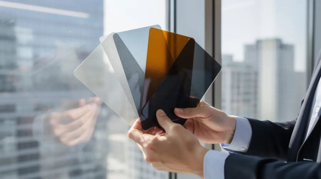 A professional is holding various samples of commercial window film against a large office window pane, showcasing different styles and tints that can enhance energy efficiency and protect against harmful UV rays. The close-up highlights the quality and variety of window tinting options available for businesses, emphasizing their benefits like increased privacy and reduced solar heat gain.