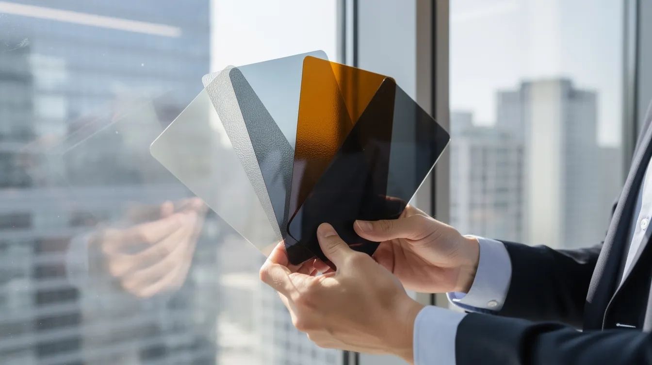 A professional is holding various samples of commercial window film against a large office window pane, showcasing different styles and tints that can enhance energy efficiency and protect against harmful UV rays. The close-up highlights the quality and variety of window tinting options available for businesses, emphasizing their benefits like increased privacy and reduced solar heat gain.