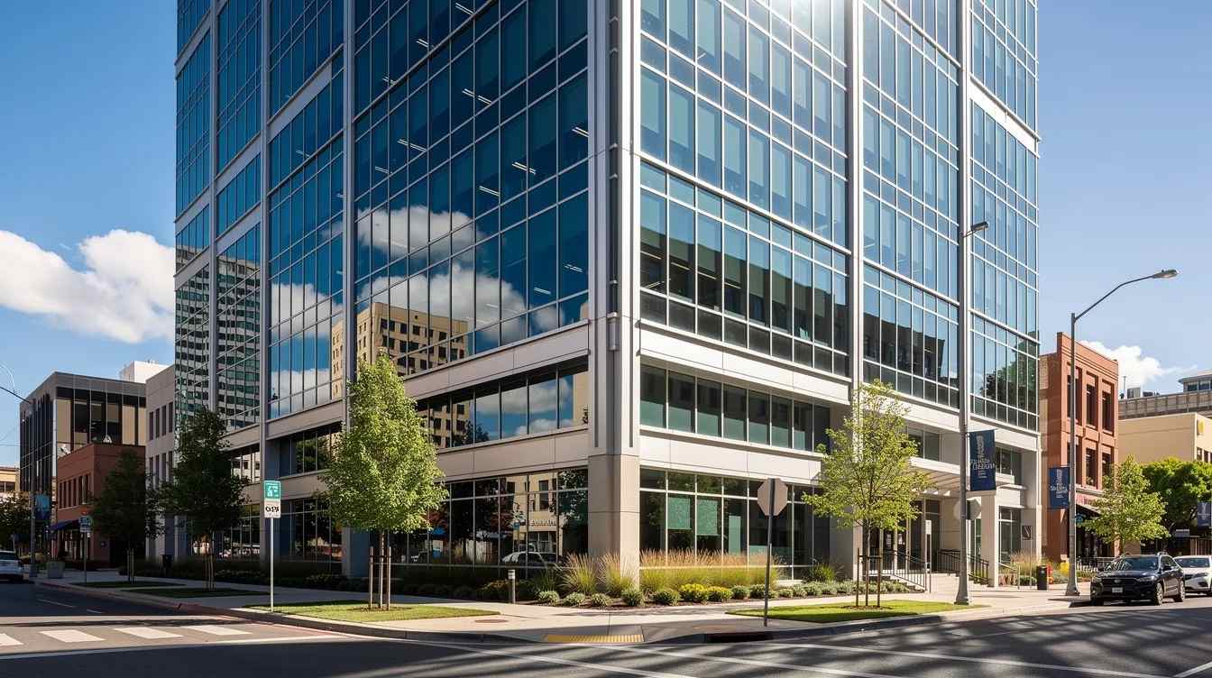 A modern commercial office building in Sacramento stands tall under a bright sunny sky, showcasing its sleek glass facade with reflective window tinting that enhances privacy and protects against harmful UV rays. The professional window tinting adds a stylish detail to the building while improving energy efficiency and reducing glare.