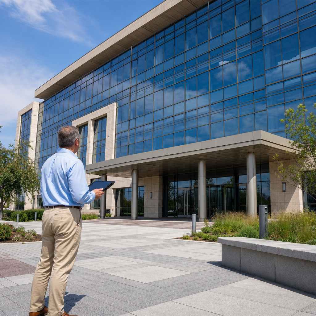 Commercial building owner standing outside a modern office complex inspecting solar control window film on exterior glass facades.